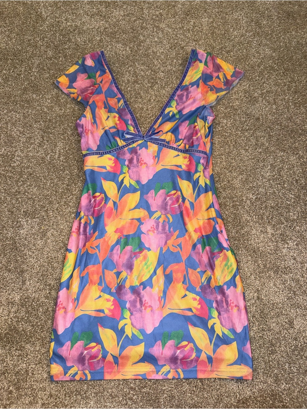 Morning Mist Bright Blue Floral V-Neck Summer Dress